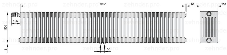 Схема (чертеж) Радиатор Zehnder Charleston 6050/42 №V007 Белый глянцевый RAL 9016